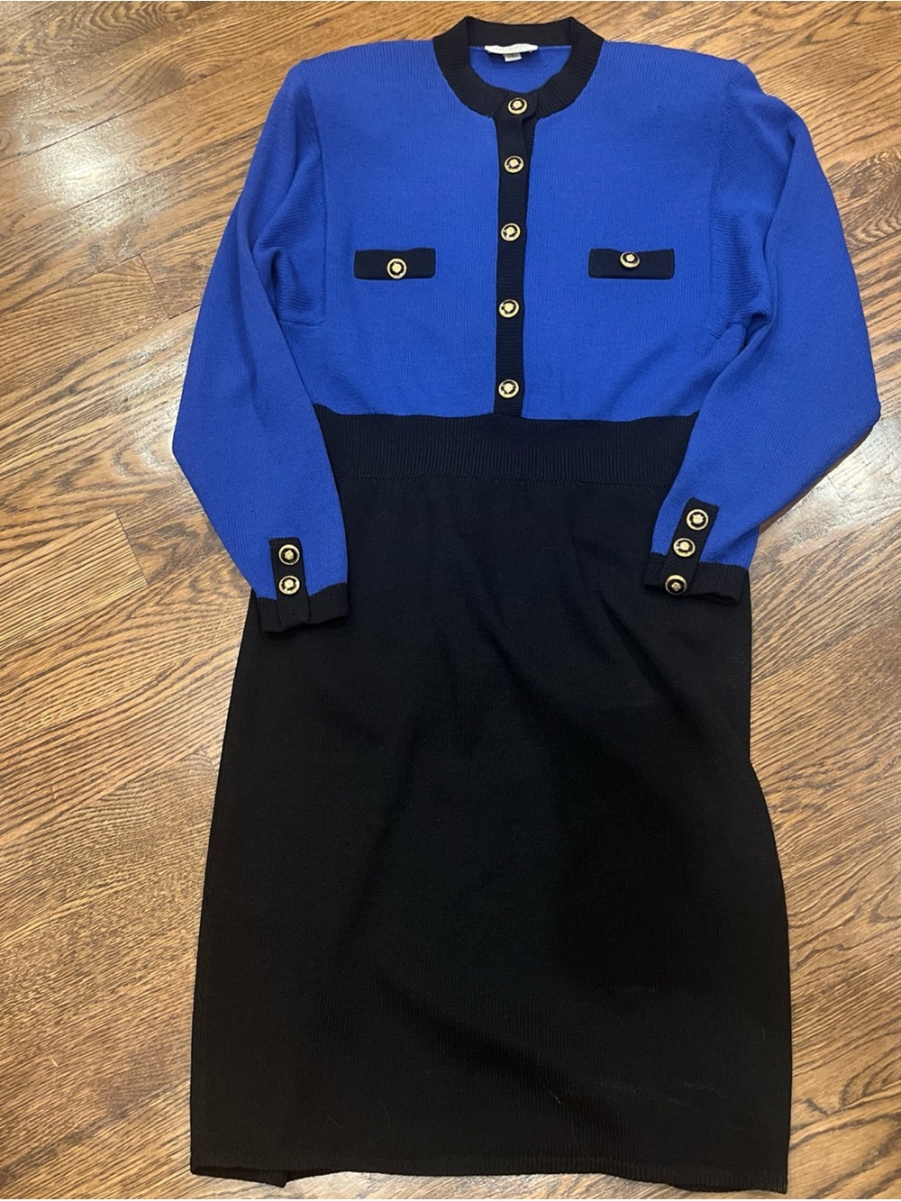 St Jhon vintage dress SaksBlue and Black Long Sleeve Knit Dress Saks Fifth Ave